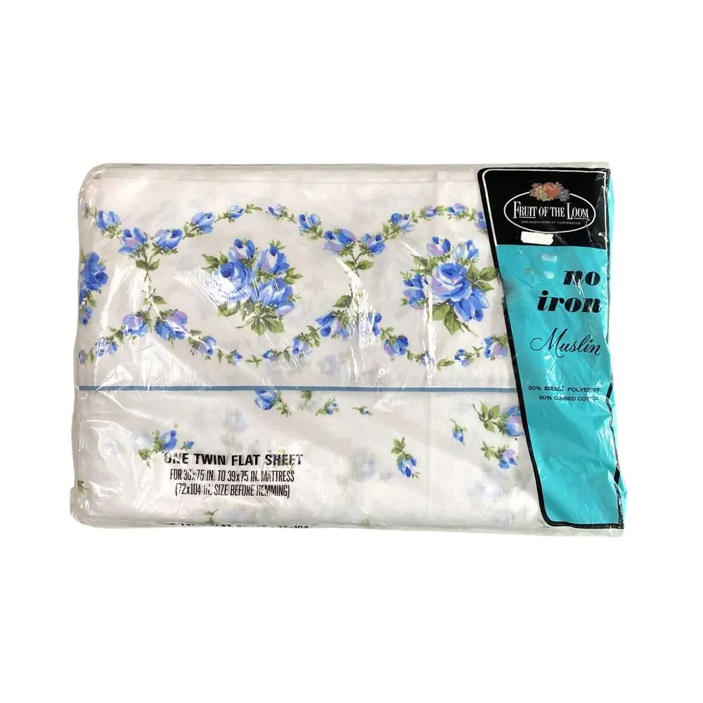 Vintage 1970s NOS  Twin Flat Sheet Fruit Of The Loom Muslin Blue Rose Flower